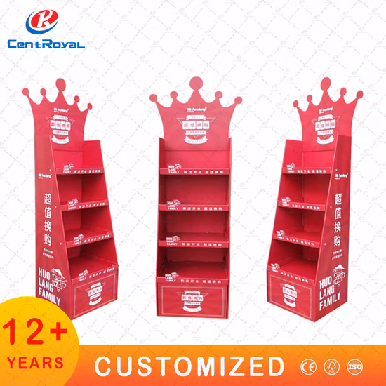 Индивидуальная напольная стоячая выставочная витрина для закусок для поддонов из гофрированного картона